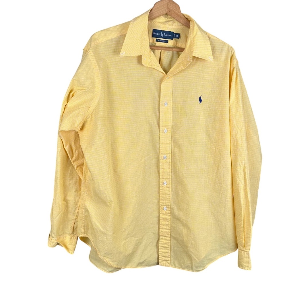 Ralph Lauren Classic Fit Yellow Micro Check Button Down Shirt Mens XL LS